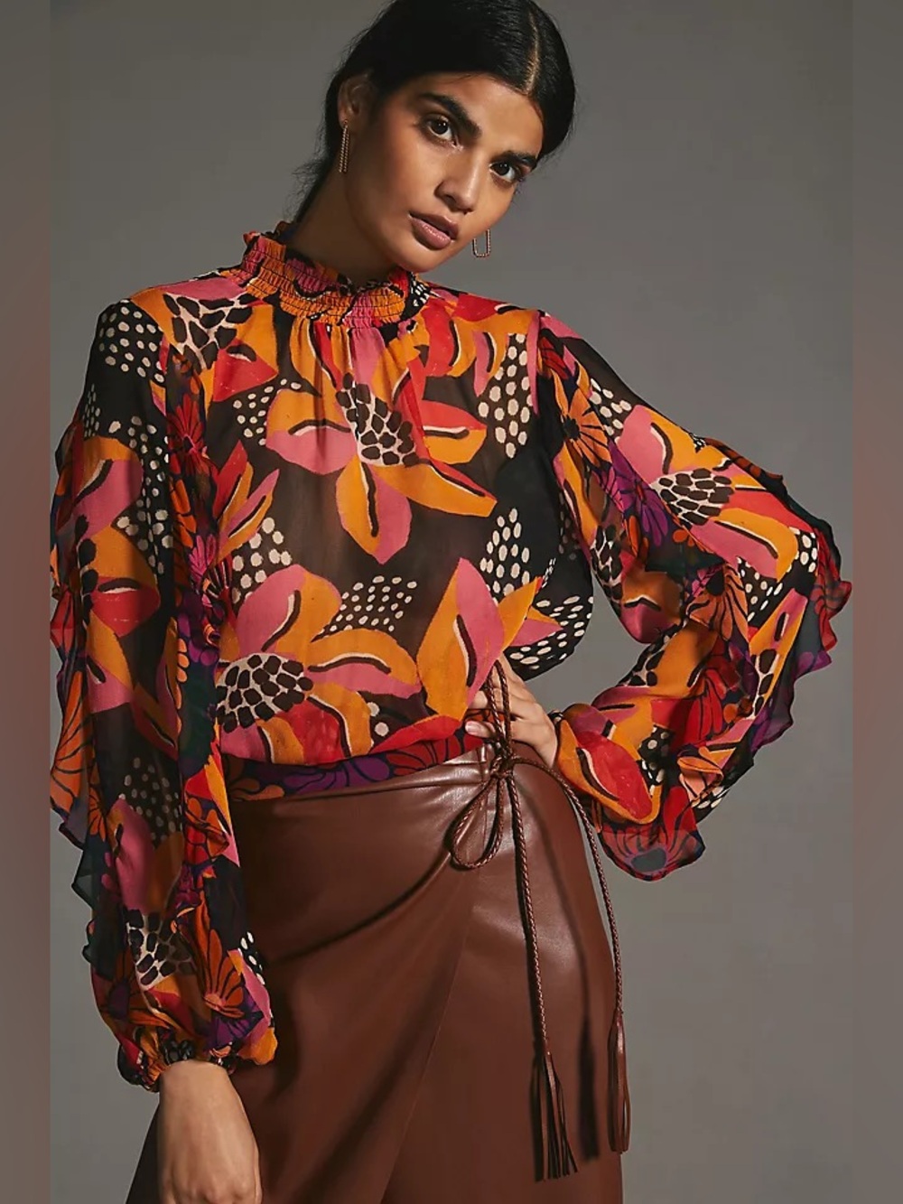 FARM Rio Sheer Ruffled Blouse | Orange Motif